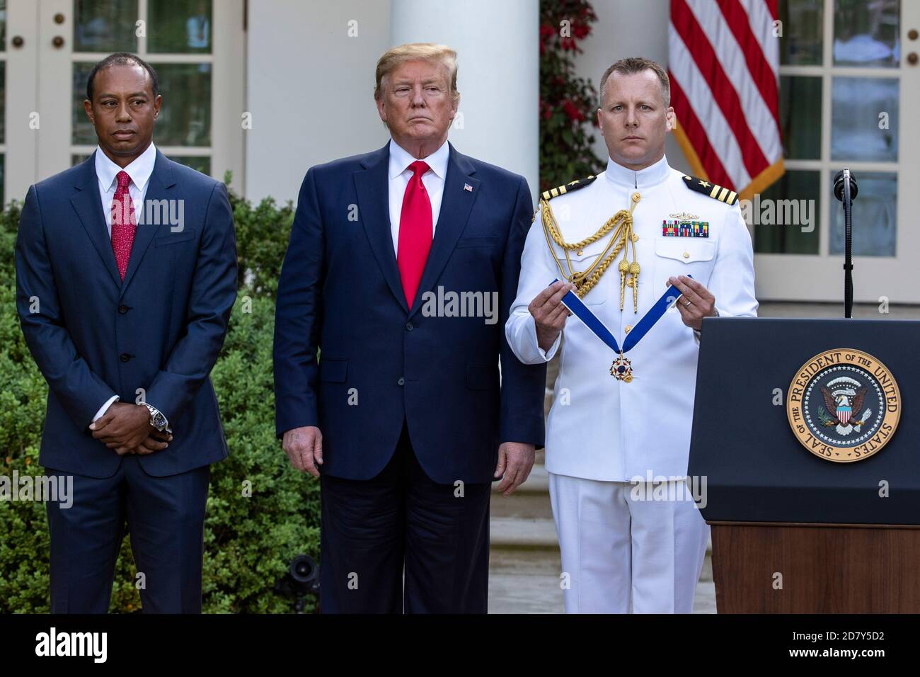 U.S. President Donald Trump prepares to present golfer Tiger Woods with the Presidential Medal of Freedom  in the Rose Garden of the White House in Washington, D.C. on Monday, May 6, 2019. The Presidential Medal of Freedom is the highest honor a U.S. President can bestow on a civilian. Woods is the fourth golfer to receive the award Credit: Alex Edelman/The Photo Access Stock Photo