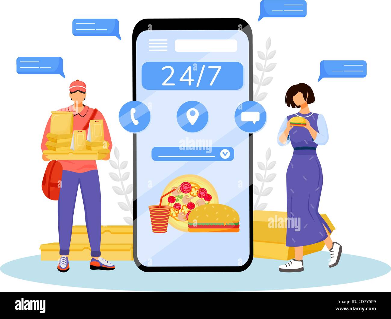 24 hours fast food delivery flat concept vector illustration Stock