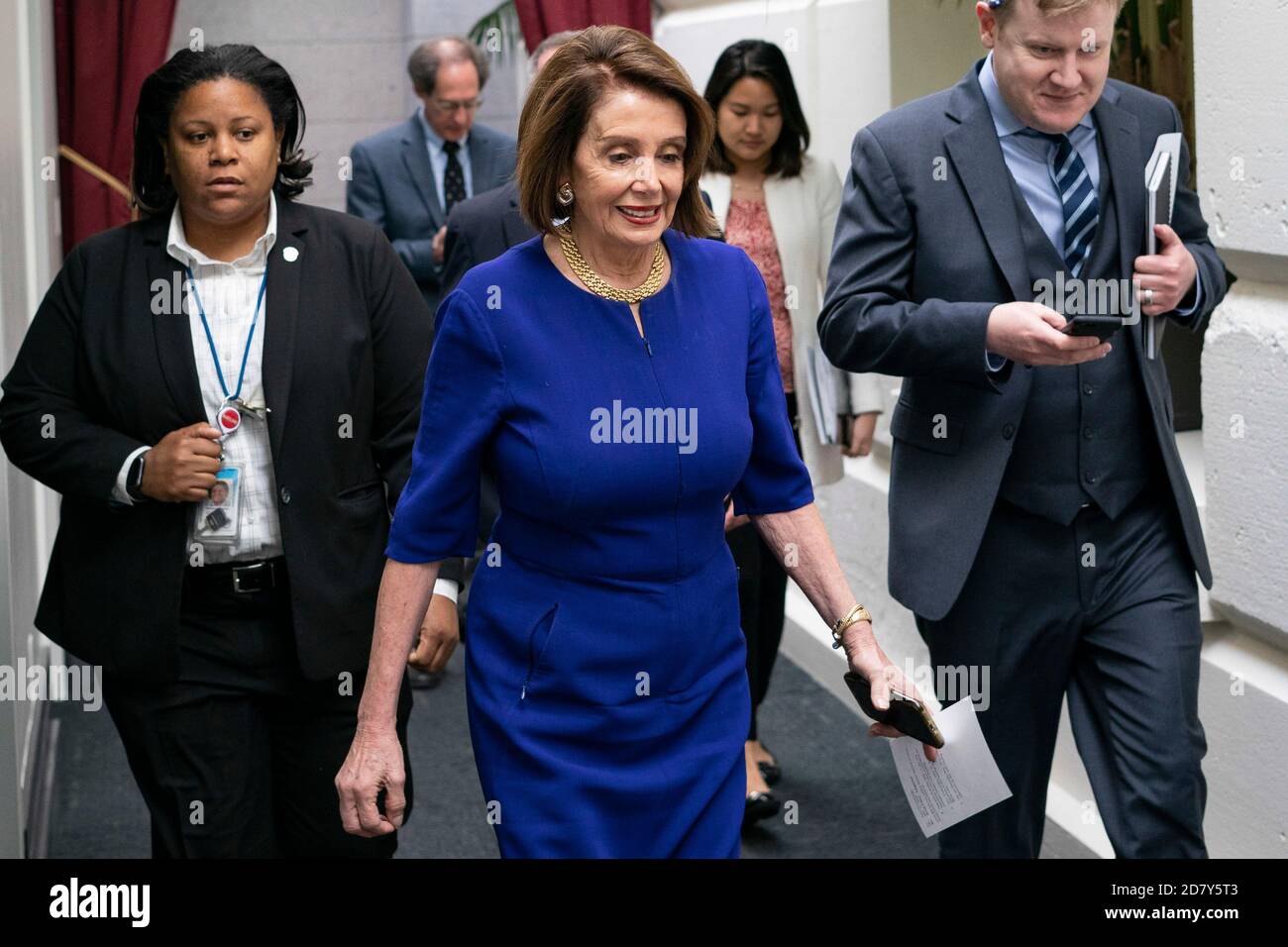 Representative Nancy Pelosi, Democrat of California and Speaker of the House, walks to a Democratic caucus meeting at the U.S. Capitol in Washington, D.C. on May 22, 2019. Credit: Alex Edelman/The Photo Access Stock Photo