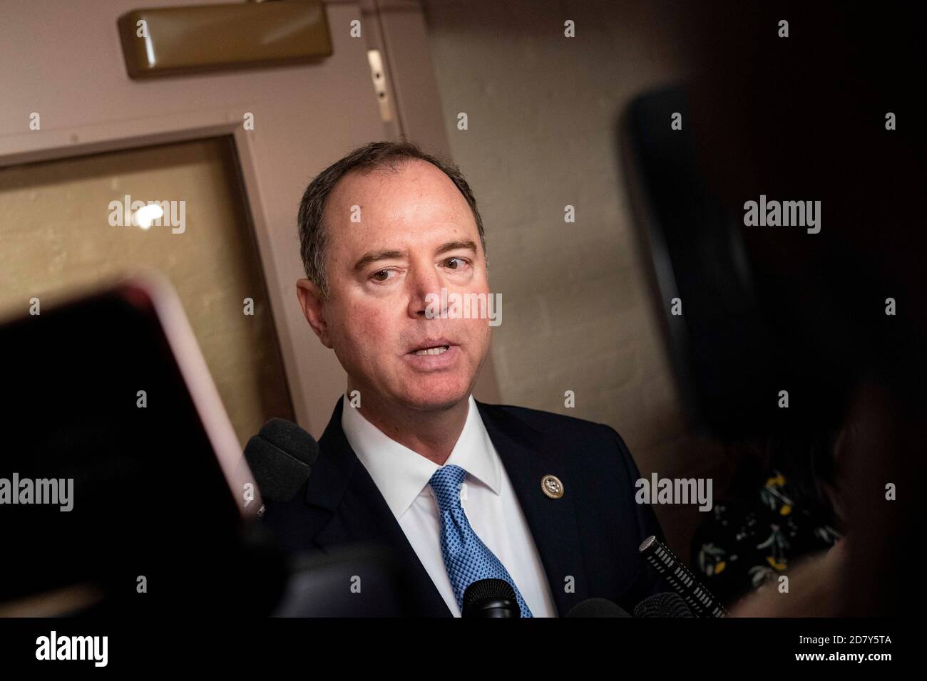 Representative Adam Schiff, Democrat of California and Chairmen of the House Intelligence committee, speaks with reporters outside a Democratic caucus meeting at the U.S. Capitol in Washington, D.C. on May 22, 2019. Credit: Alex Edelman/The Photo Access Stock Photo