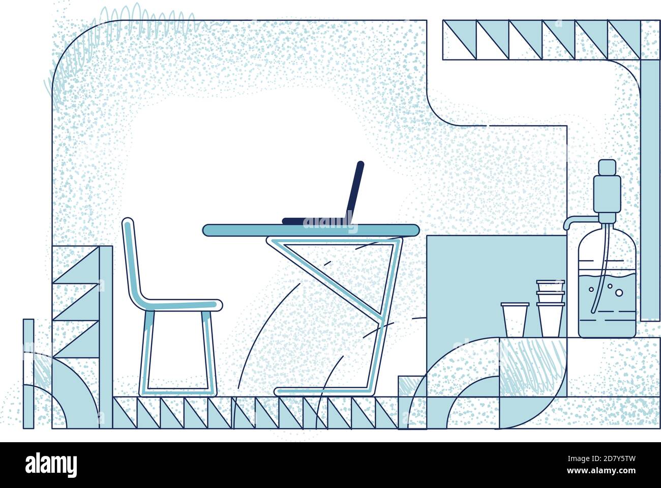 Modern workplace interior design outline vector illustration Stock Vector