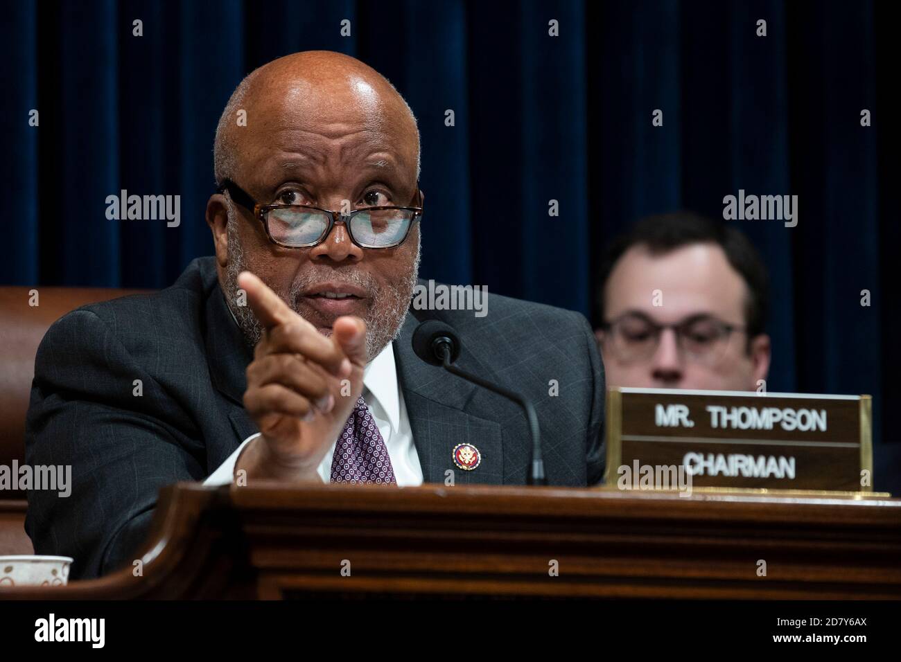 Representative Bennie Thompson, a Democrat from Mississippi and Chairman of the House Homeland Security Committee, moderates a tense exchange between Representative Lauren Underwood, a Democrat from Illinois, and acting Department of Homeland Security Secretary Kevin McAleenan as he testifies before the House of Representatives Committee on Homeland Security during a budget oversight hearing on Wednesday, May 22, 2019 on Capitol Hill in Washington, D.C. McAleenan answered questions from committee Democrats about the death of 5 migrant children on the Souther U.S. border. Committee Republicans Stock Photo