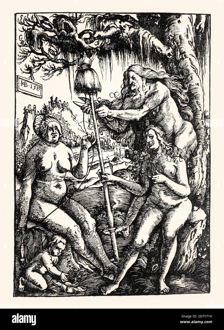 The Three Fates: Lachesis, Atropos and Clotho, by Hans Baldung Grien, 1513, facsimile of the 19th century Stock Photo