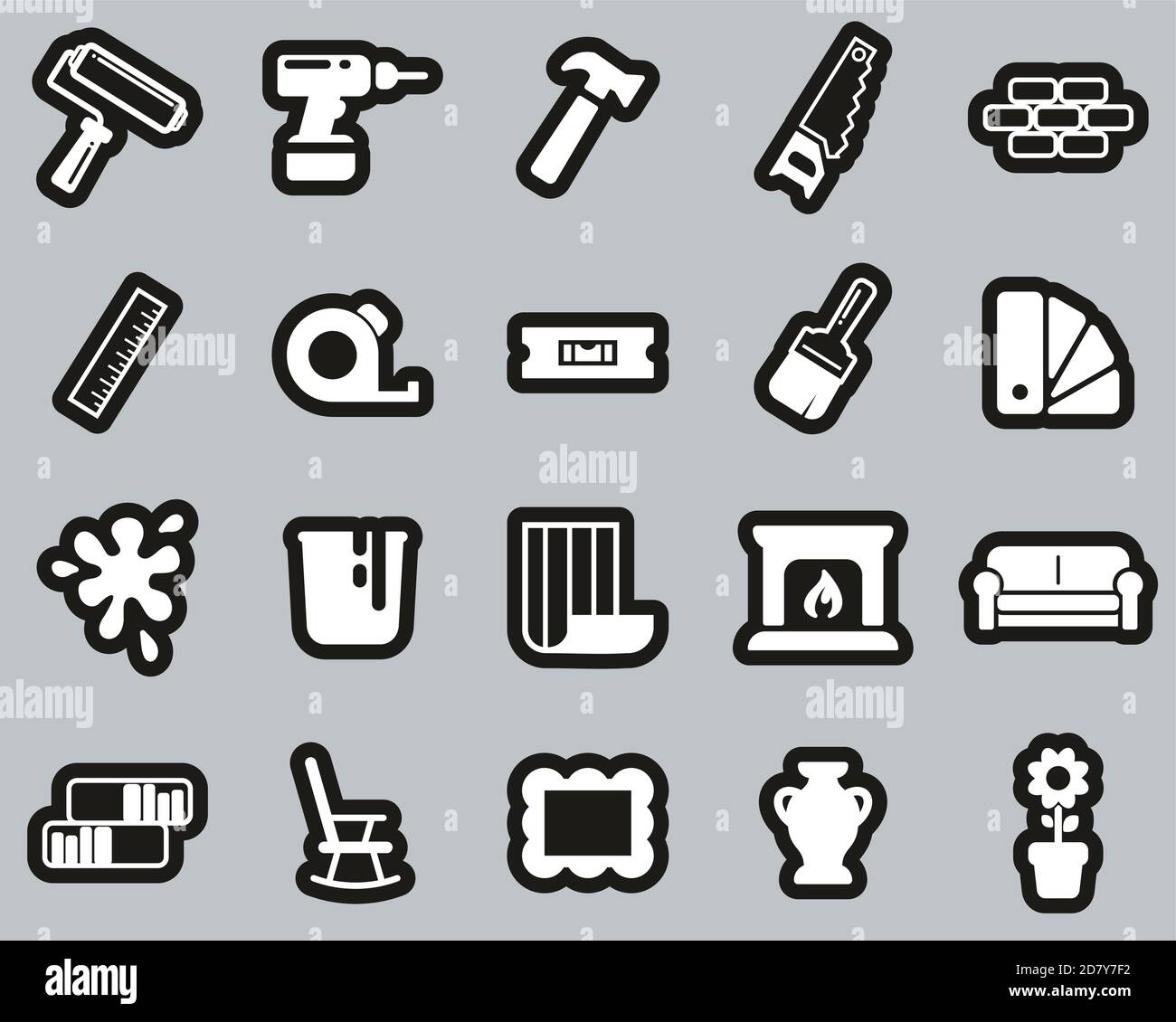 Home Decorating & Home Remodeling Icons White On Black Sticker Set Big Stock Vector