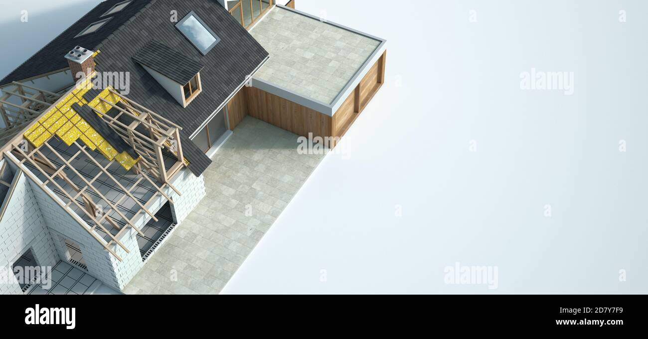 3D rendering of a house under construction showing all different layers and materials Stock Photo