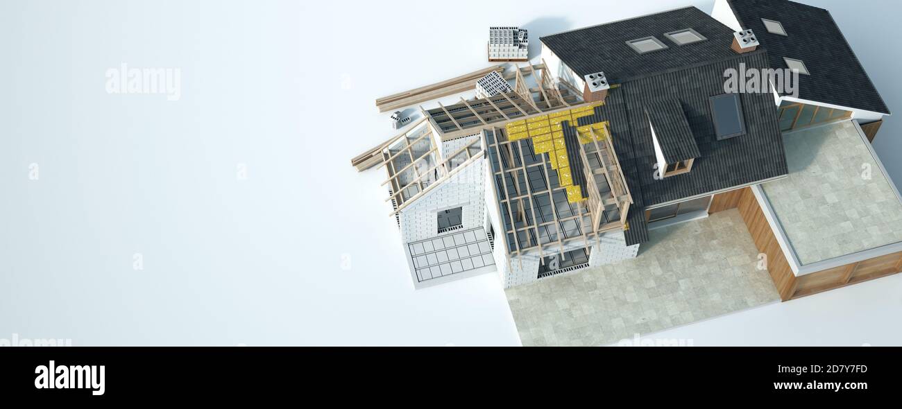 Building Under Construction Rendering 3D rendering of a house under construction showing all different layers ...