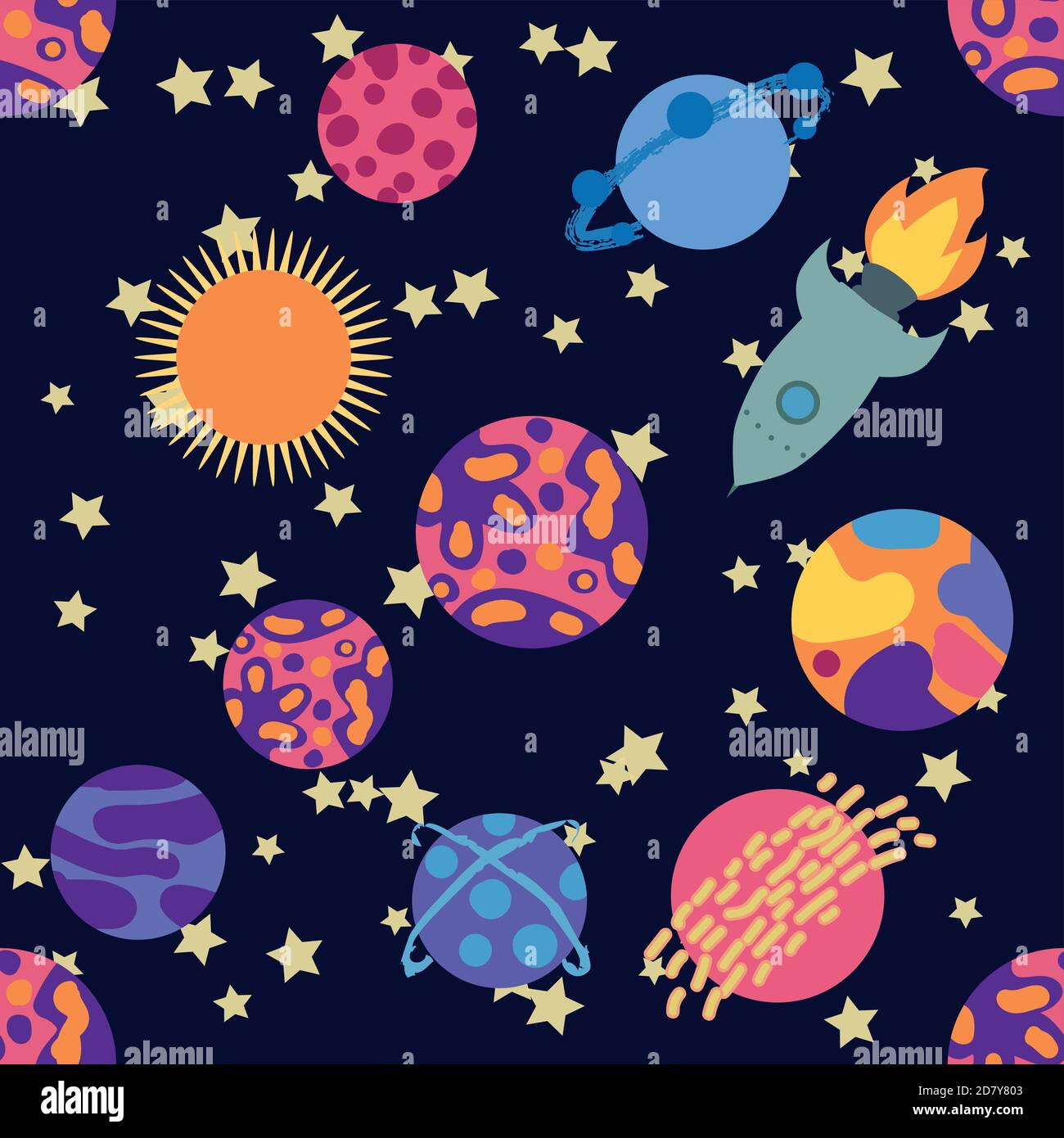Seamless space pattern. Planets, rockets and stars. Cartoon spaceship ...