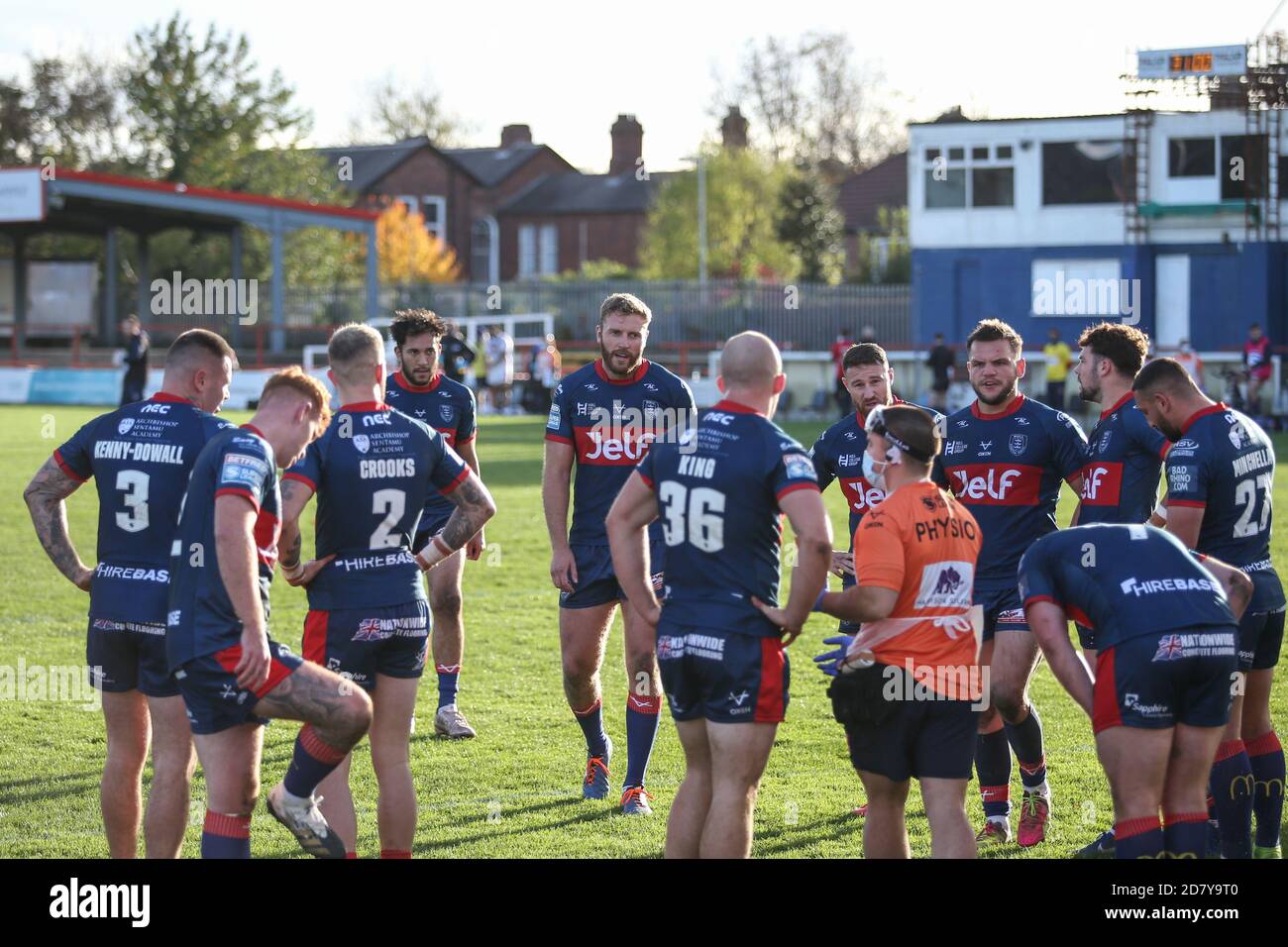 HKR players congregate behind the posts after a Wakefield try Stock Photo