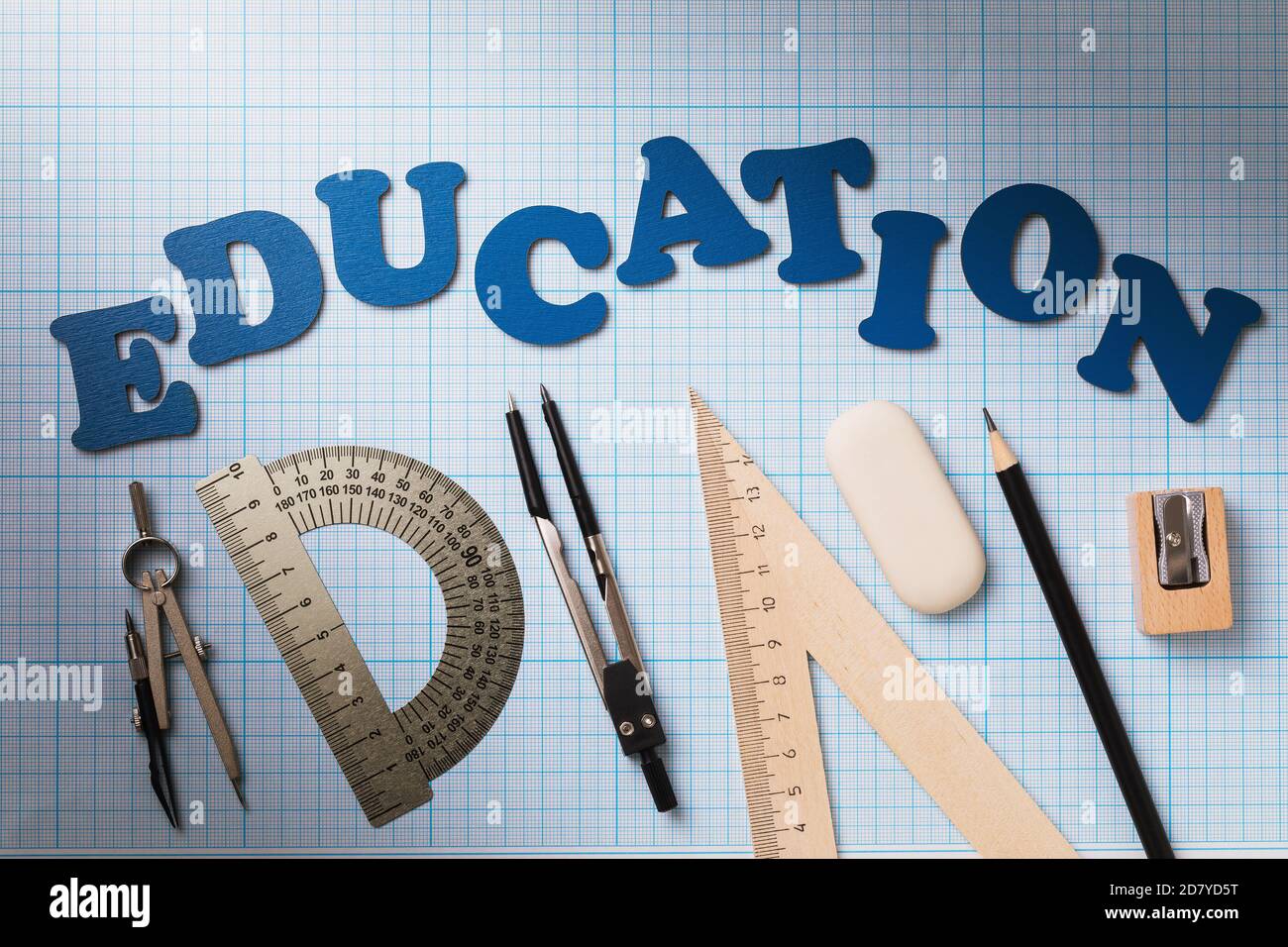 Various tools for sketching on paper, top view. Concept education Stock Photo