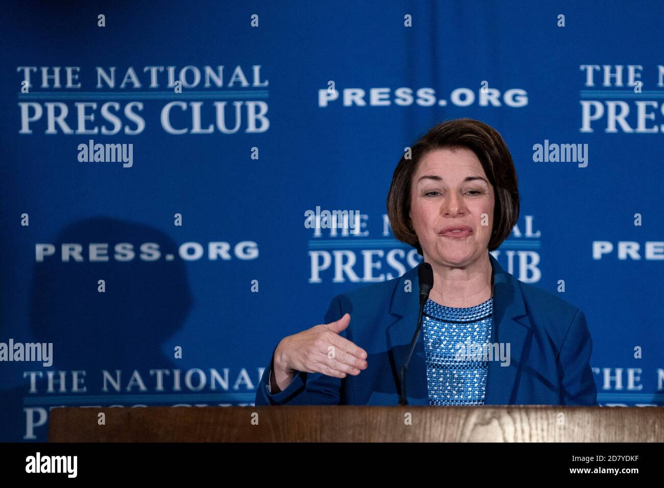 Senator Amy Klobuchar, a Democrat from Minnesota and 2020 presidential candidate, speaks at the National Press Club on Tuesday, July 16, 2019 in Washington, D.C. Klobuchar delivered a speech outlining her priorities for her first 100 days in office if elected President. Credit: Alex Edelman/The Photo Access Stock Photo