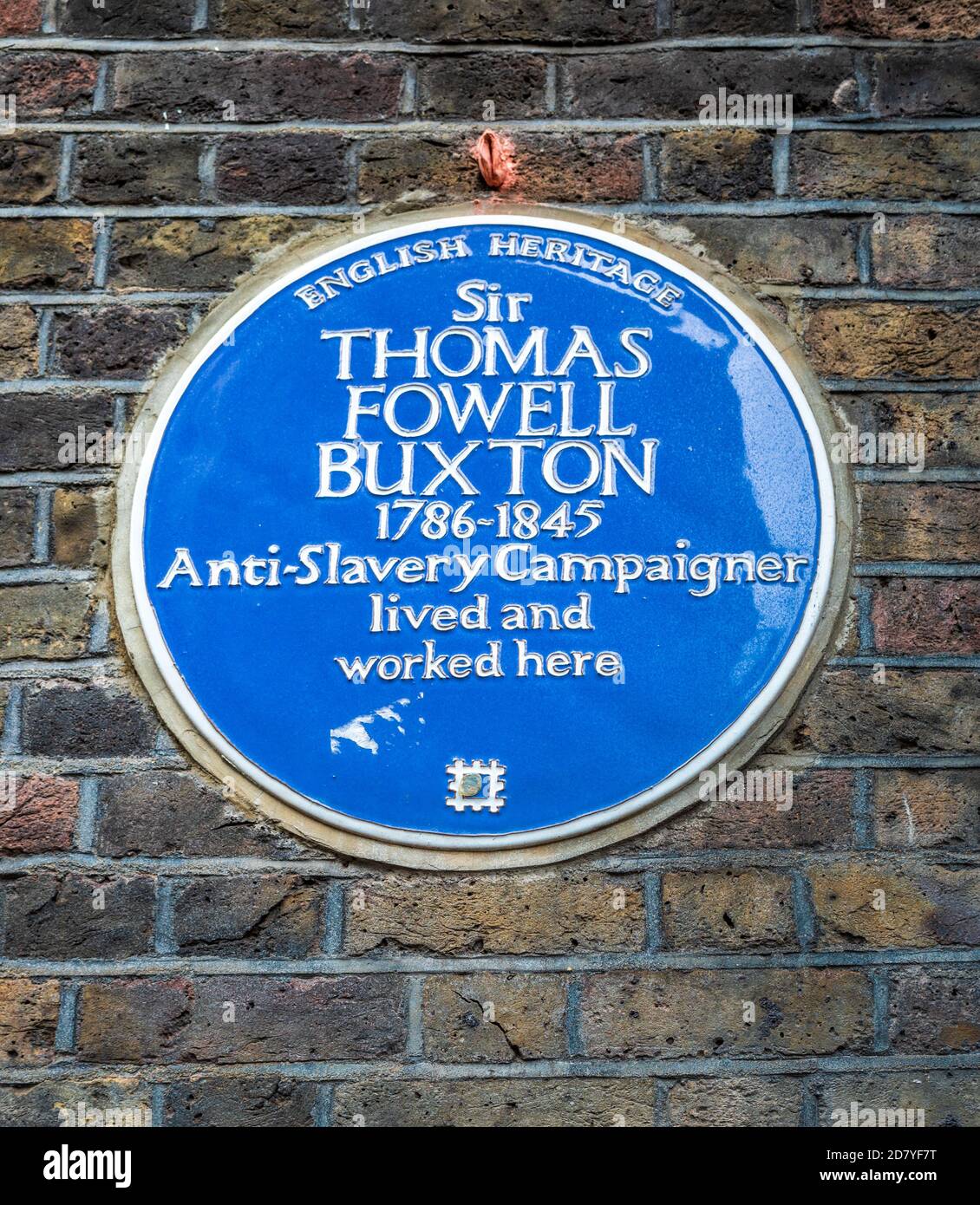 Sir Thomas Fowell Buxton Blue Plaque Brick Lane East London. Sir Thomas Fowell Buxton 1786-1845 Anti-Slavery Campaigner lived and worked here. Stock Photo