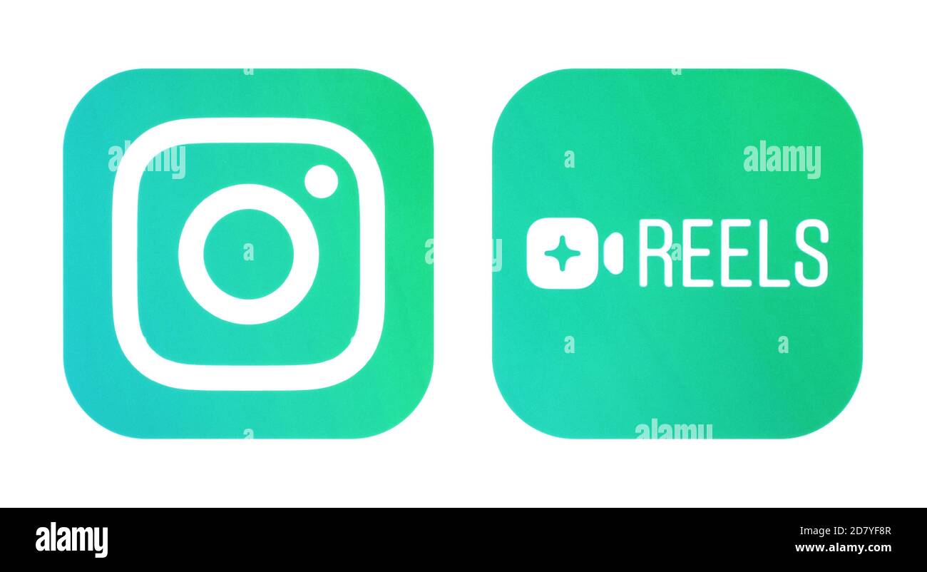 Kiev, Ukraine - September 21, 2020: Instagram and Instagram Reels icons, printed on paper. Instagram launches Reels for making and sharing short video Stock Photo