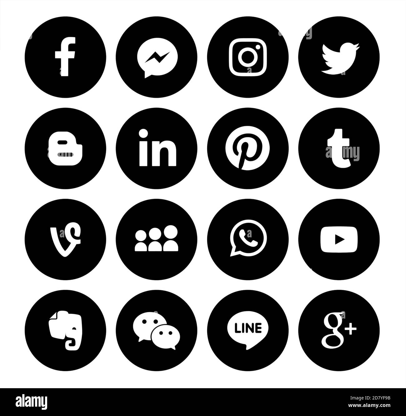 Kiev, Ukraine - August 25, 2020: Collection of popular small black round social media icons, printed on paper: Facebook, Twitter, Google Plus, Instagr Stock Photo