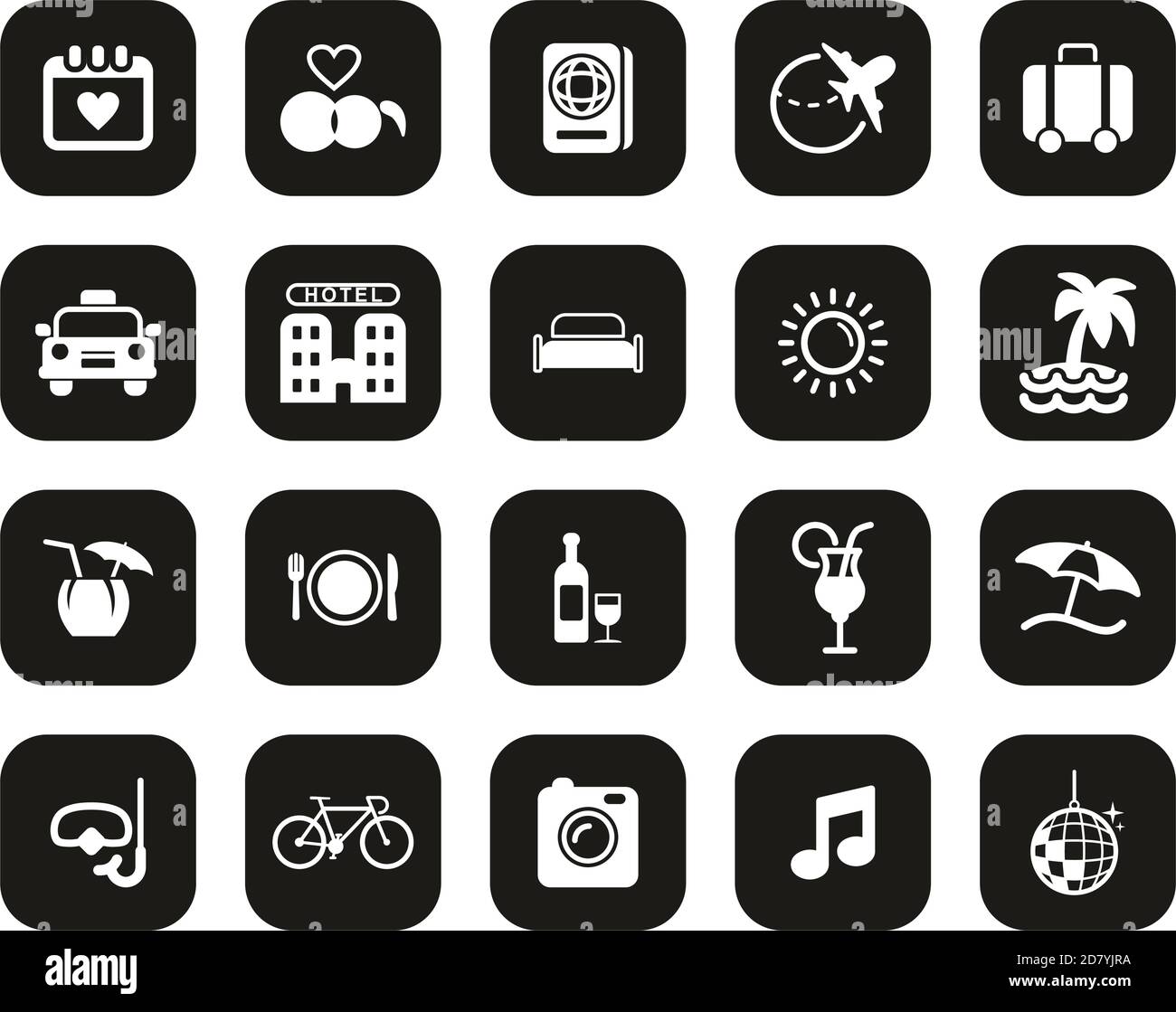 Honeymoon Trip Icons White On Black Flat Design Set Big Stock Vector