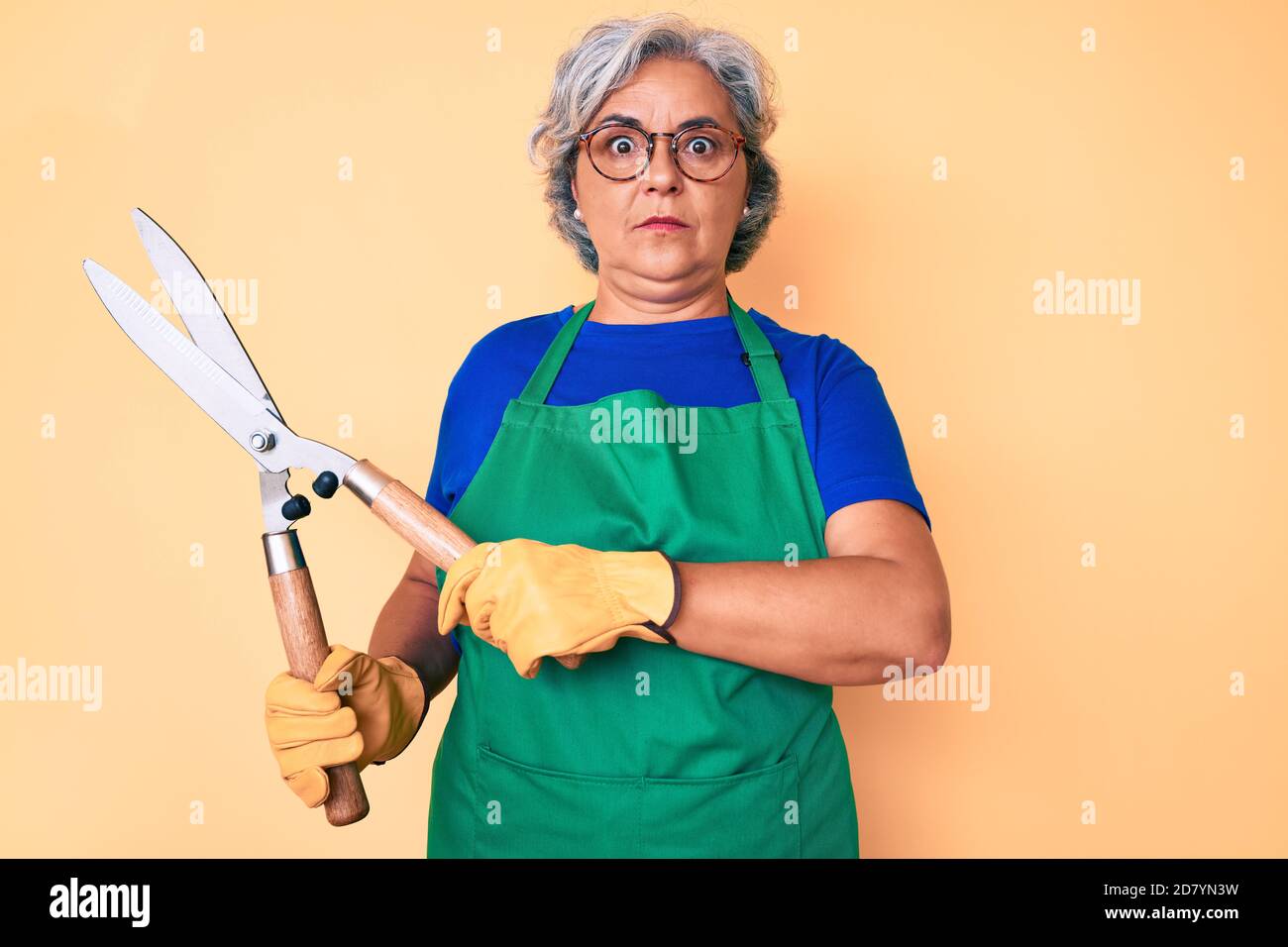 Senior hispanic woman wearing gardener apron and gloves holding shears ...