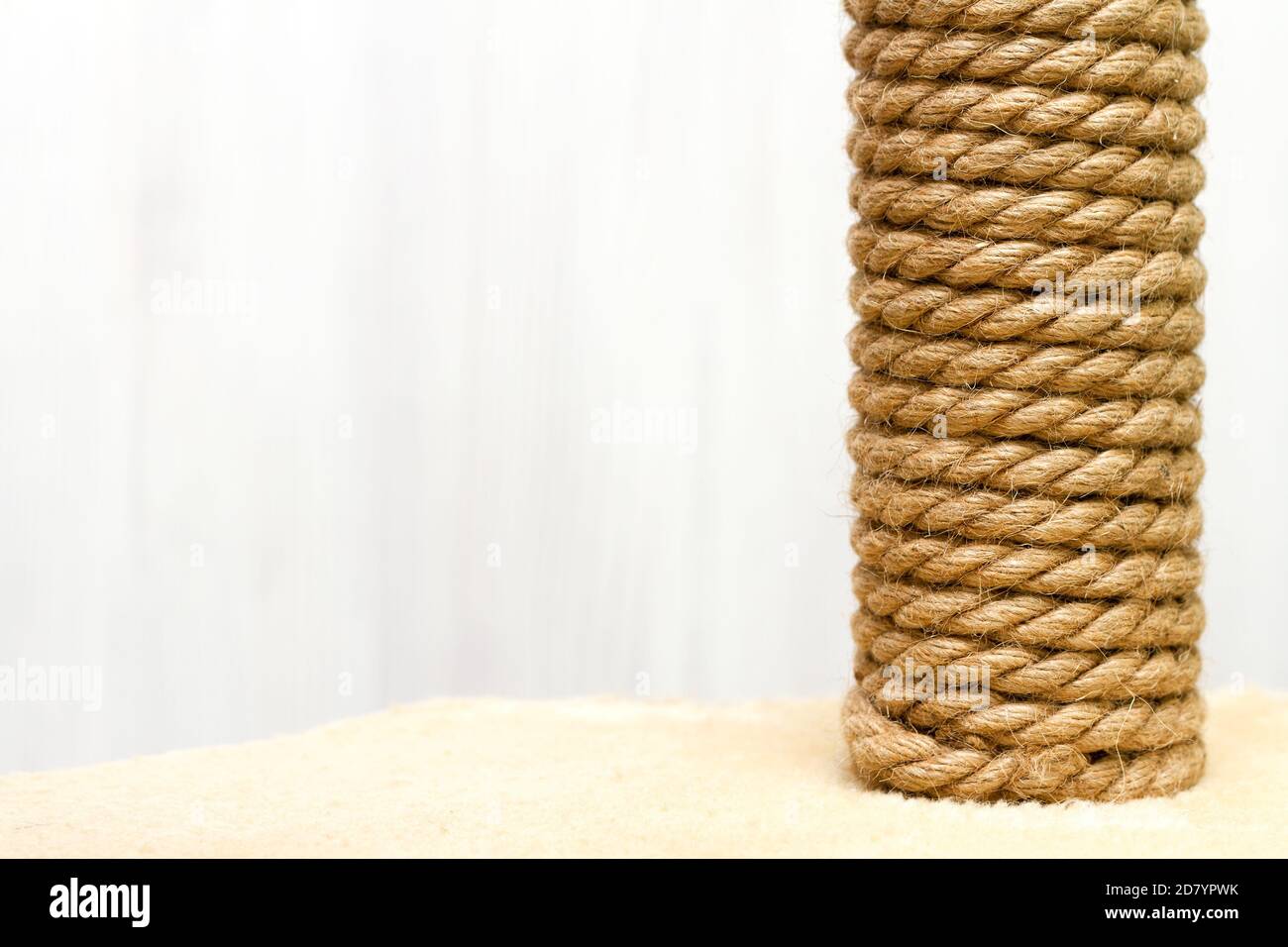 Сat tree and furniture, sisal rope cat scratching post on beige carpet on white background. Copy