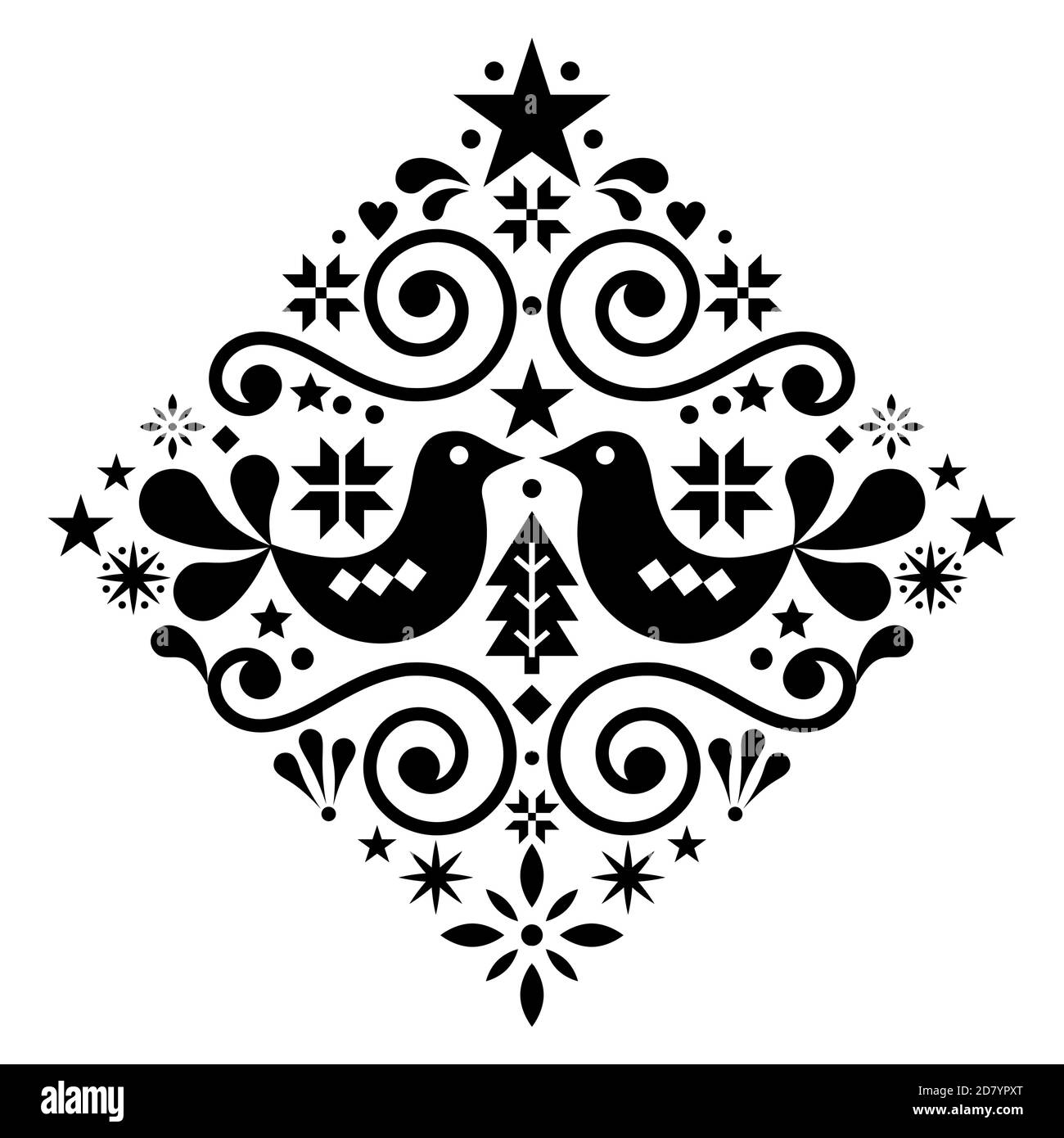 Christmas Scandinavian floral folk art vector design square or diamond shape, monochrome cute winter Nordic pattern with birds, Christmas tree Stock Vector