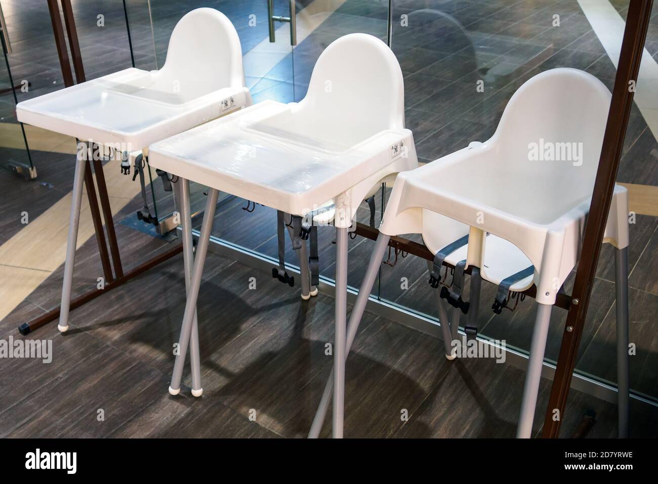 children dining chairs in cafe, high chairs for baby Stock Photo