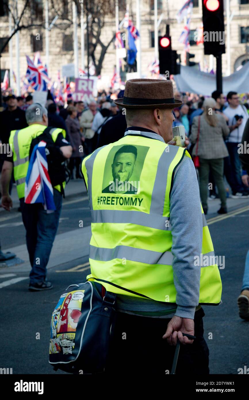 London, United Kingdom, March 29th 2019:- Pro Brexit marchers outside the British Parliament on the day the UK should have left the EU supporting Tomm Stock Photo