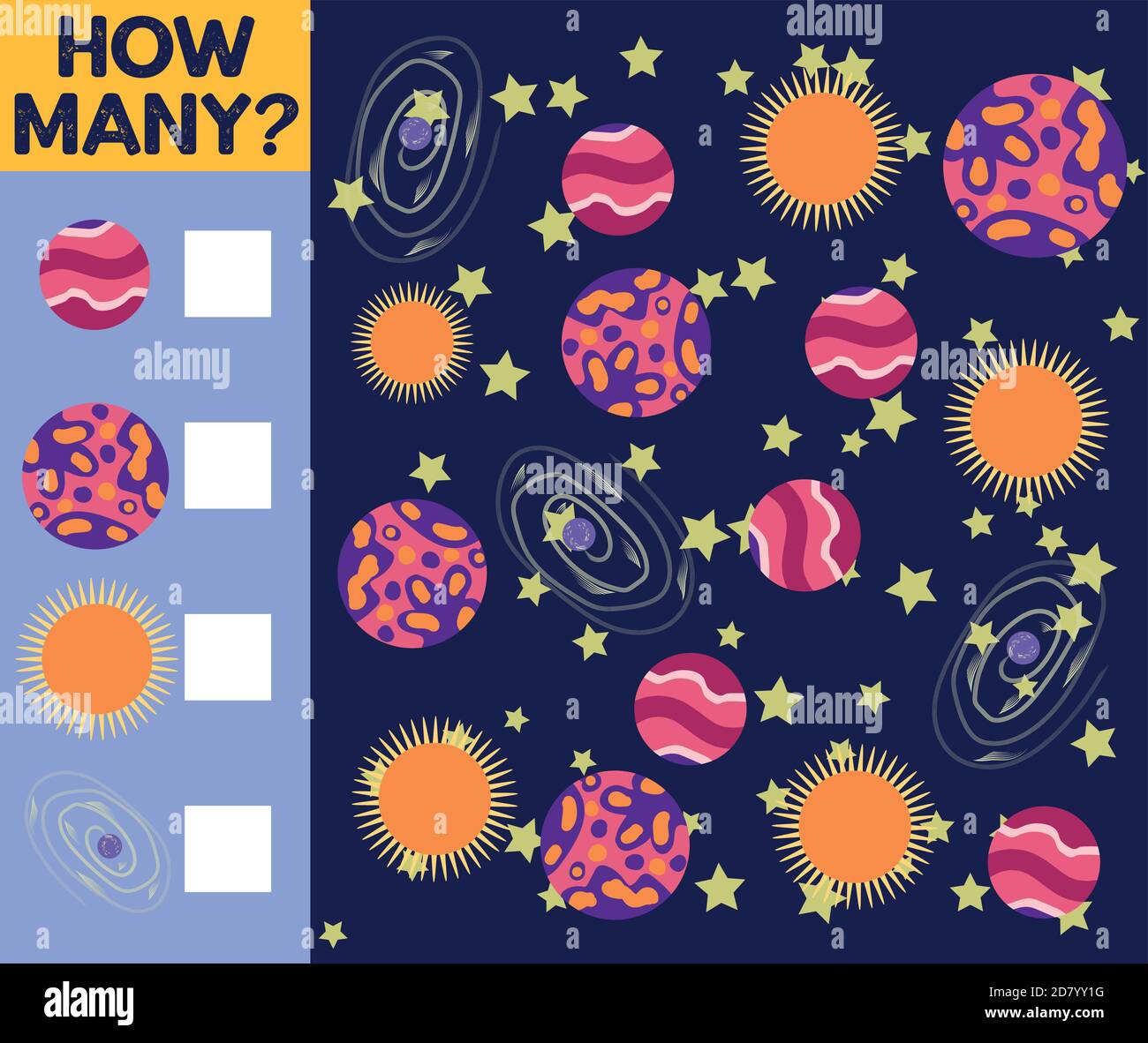 Counting Game for Preschool Children. Educational a mathematical game. Count how many space objects Stock Vector