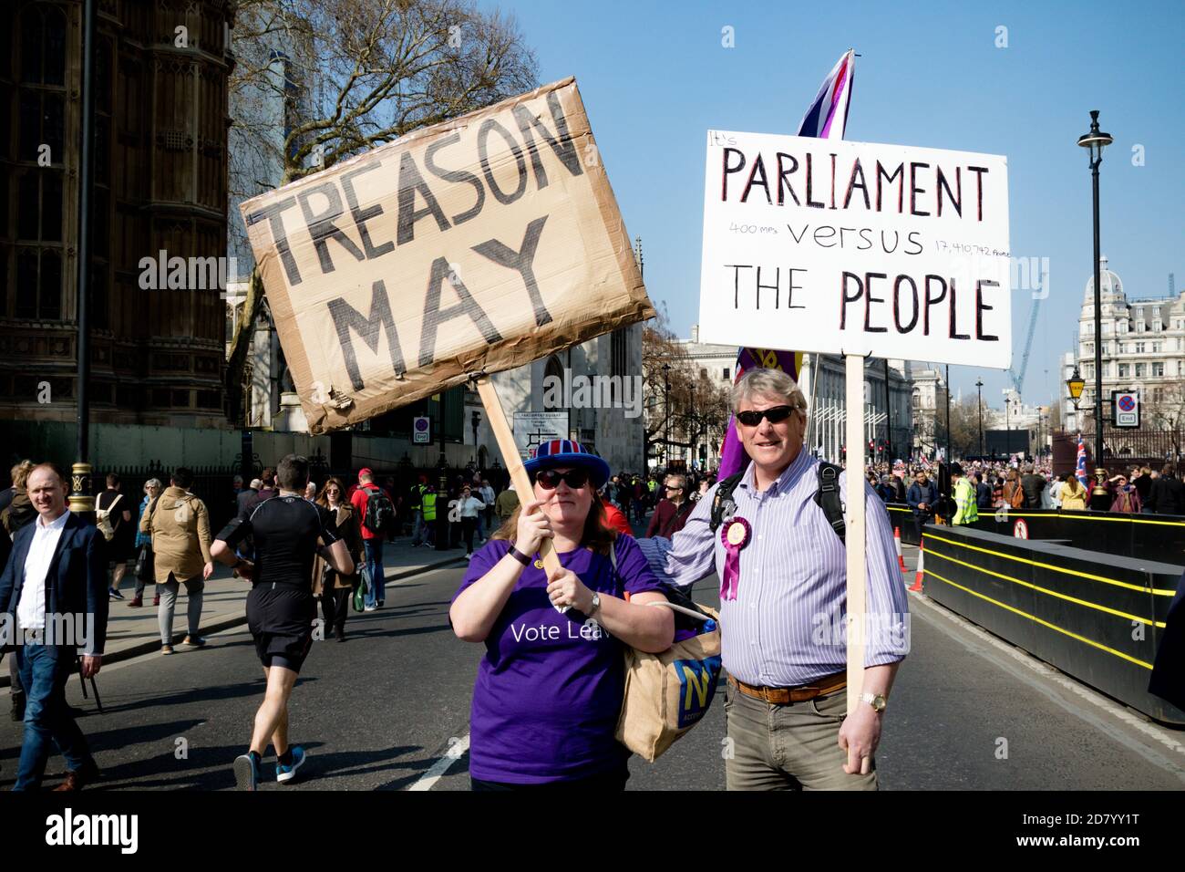London, United Kingdom, March 29th 2019:- pro Brexit supporters outside the British Parliament accuse Prime Minister May of Treason due to the UK not Stock Photo