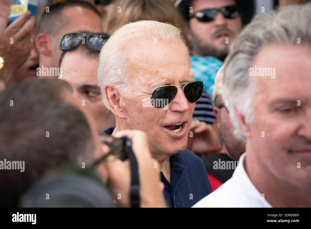 2020 Democratic Hopeful former US Vice President Joe Biden speaks at the Des Moines Register Political Soapbox at the Iowa State Fair on August 8, 2019 in Des Moines, Iowa. Credit: Alex Edelman/The Photo Access Stock Photo