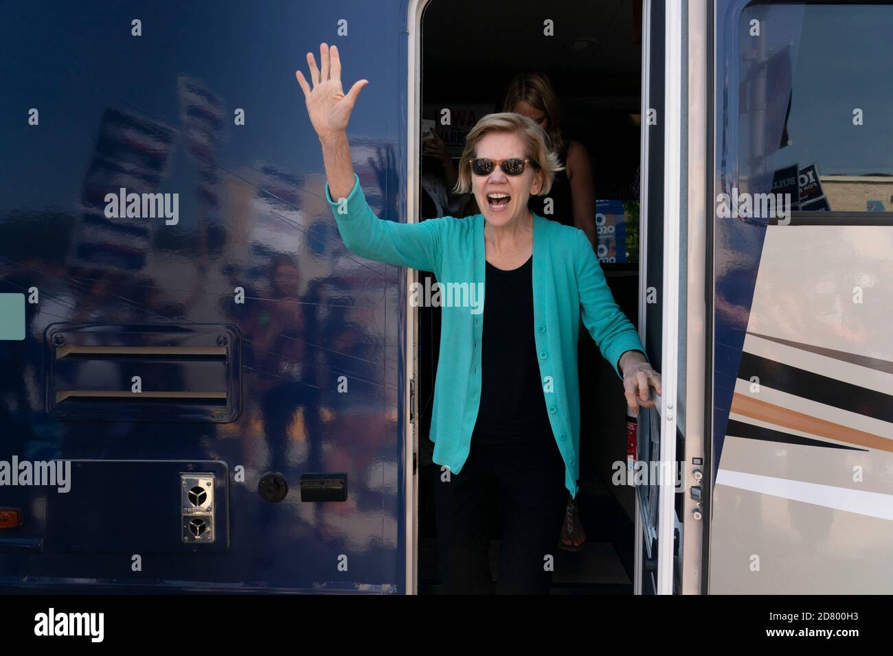 2020 Democratic hopeful Senator Elizabeth Warren, a Democrat from Massachusetts, greets supporters at a rally outside the building where the Wing Ding Dinner will take place on August 9, 2019 in Clear Lake, Iowa. The dinner has become a must attend for Democratic presidential hopefuls ahead of the of Iowa Caucus. Credit: Alex Edelman/The Photo Access Stock Photo