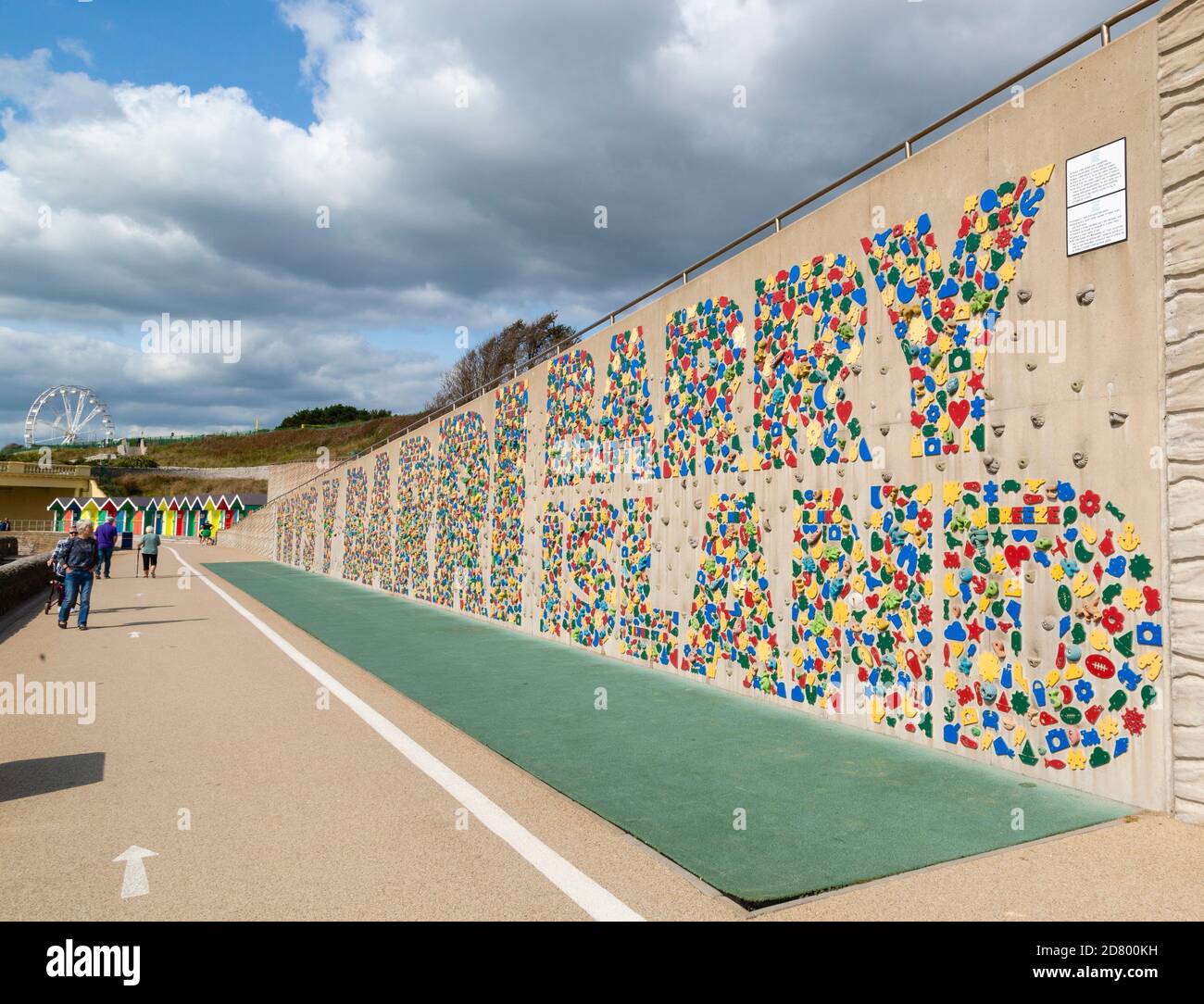 Climbing wall spelling out 'Barry Island' in colourful hand and foot holds, Barry Island, Glamorgan, South Wales. Stock Photo