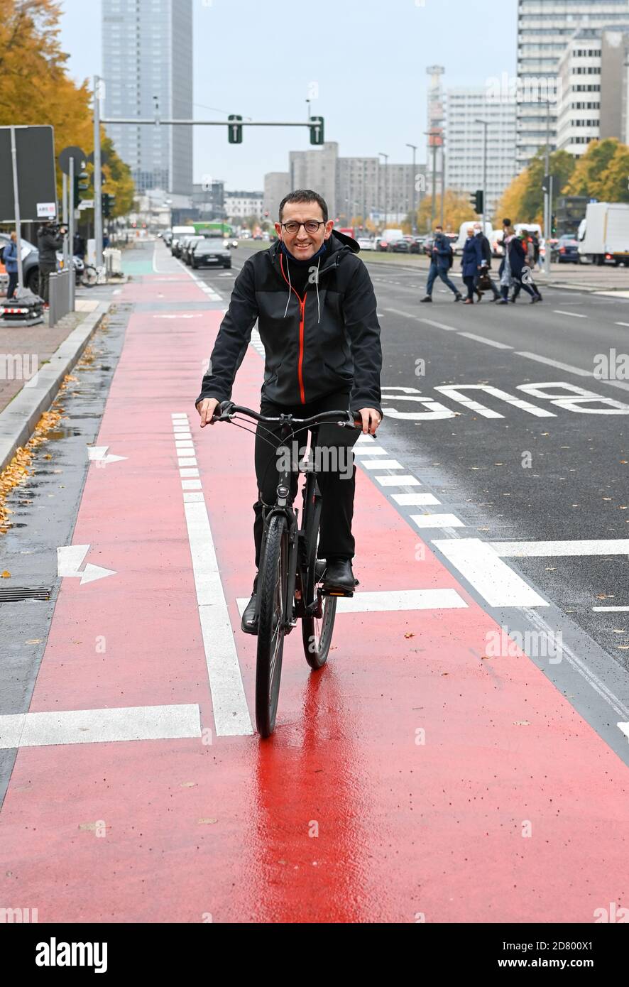 26 October Berlin Stephan Von Dassel Bundnis 90 Die Grune District Mayor Of Berlin Mitte Rides His Bicycle On The Newly Designed Karl Marx Allee With Wide Bicycle Lanes Better Crossing Possibilities For Pedestrians