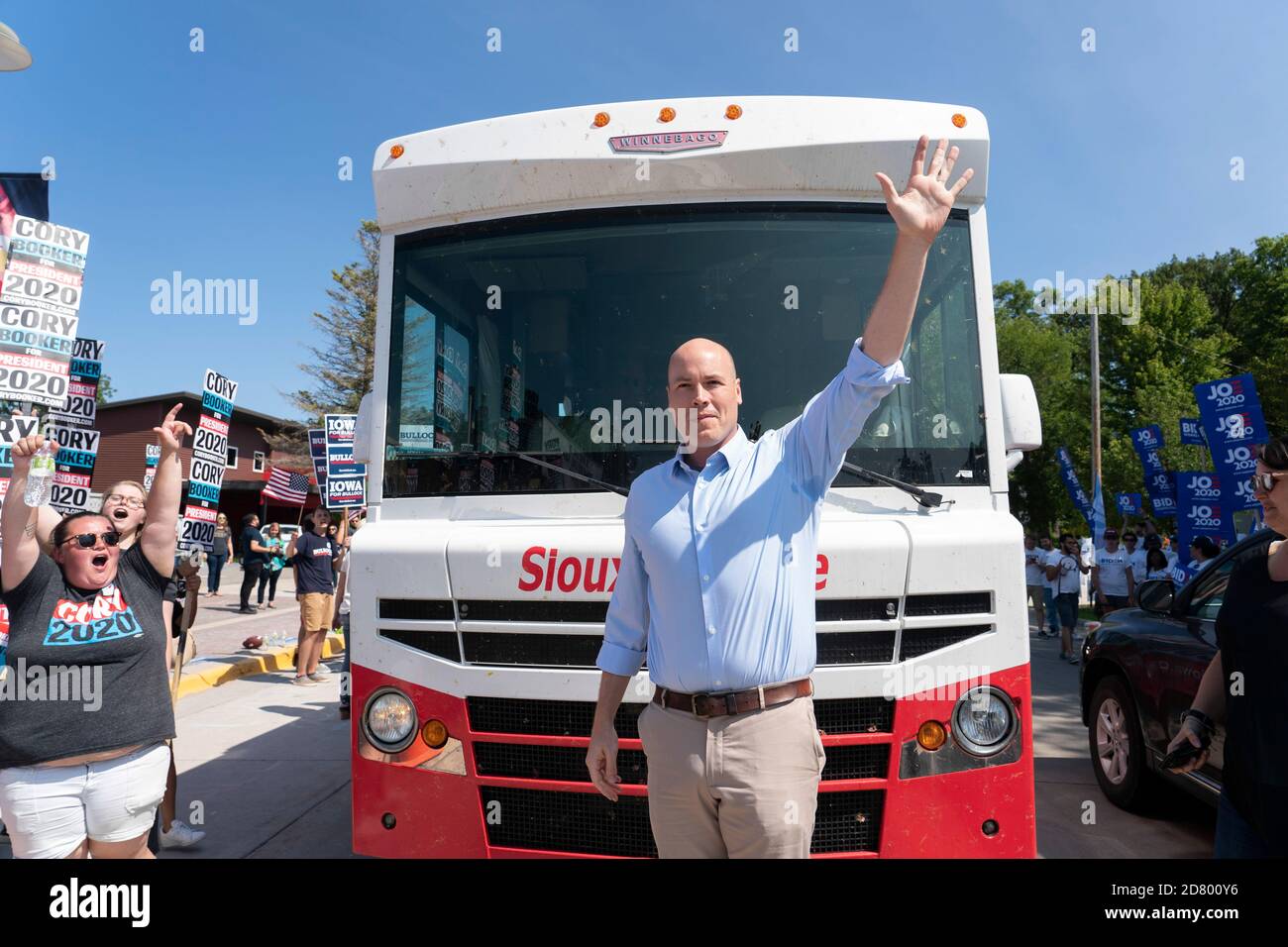 JD Scholten, a Democrat running for U.S. Congress in Iowa, greets supporters at a rally outside the building where the Wing Ding Dinner will take place on August 9, 2019 in Clear Lake, Iowa. The dinner has become a must attend for Democratic presidential hopefuls ahead of the of Iowa Caucus. Credit: Alex Edelman/The Photo Access Stock Photo