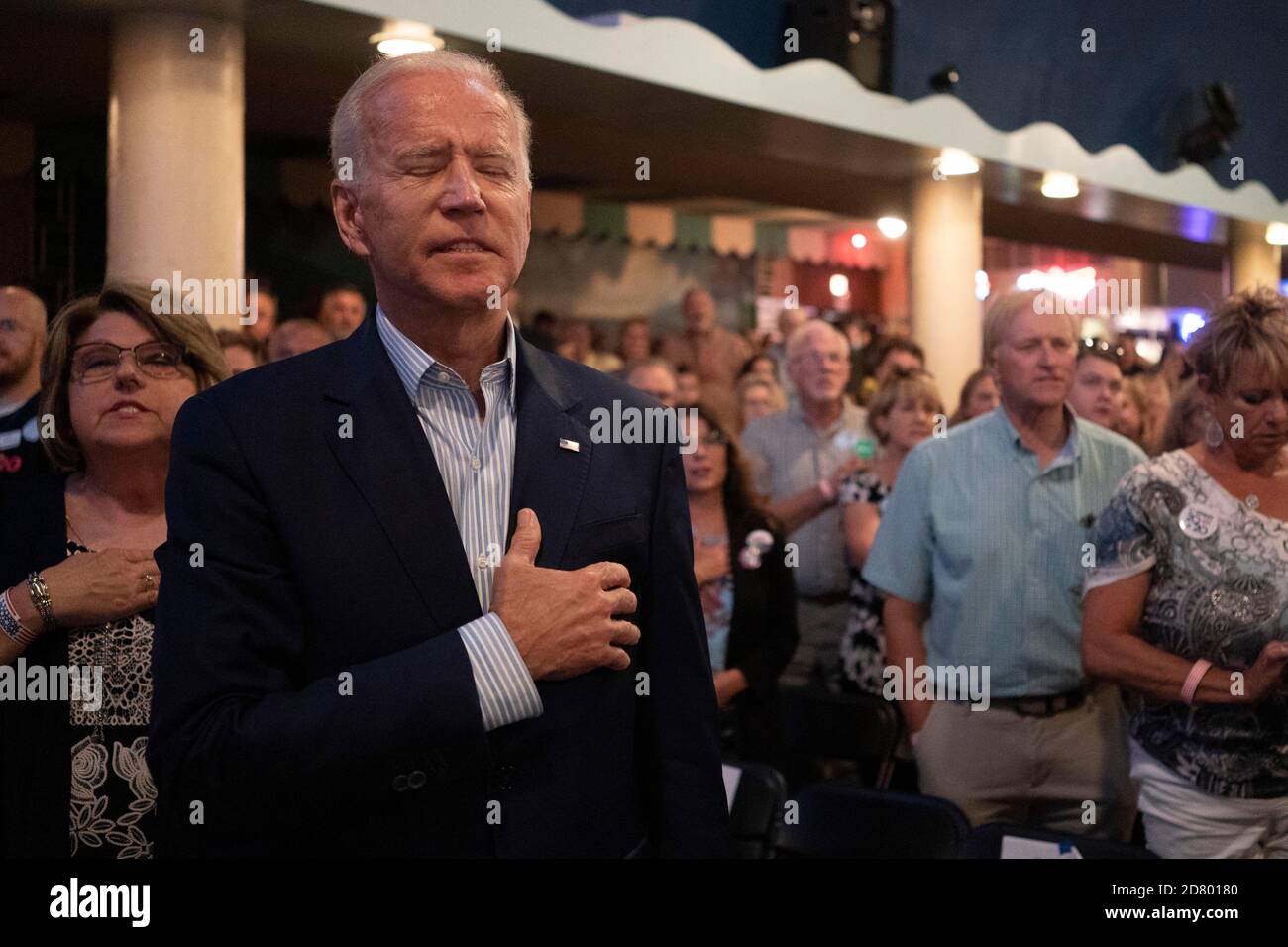 2020 Democratic presidential hopeful former Vice President Joe Biden attends the Wing Ding Dinner on August 9, 2019 in Clear Lake, Iowa. The dinner has become a must attend for Democratic presidential hopefuls ahead of the of Iowa Caucus. Credit: Alex Edelman/The Photo Access Stock Photo