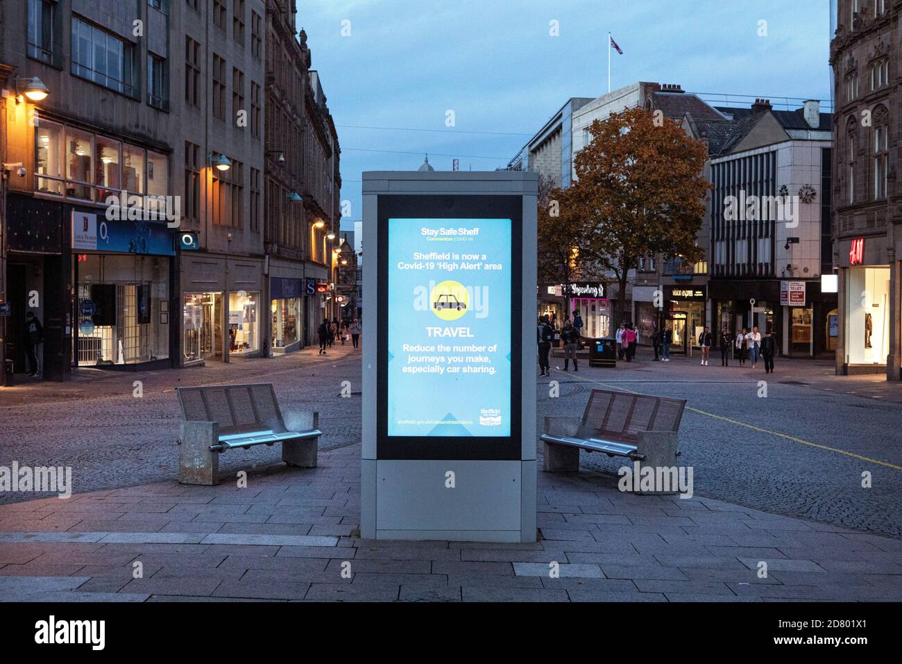 Sheffield town centre the. night it was due. to enter teir 3 restriction for covid 19. Fargate Shopping Precinct. Stock Photo