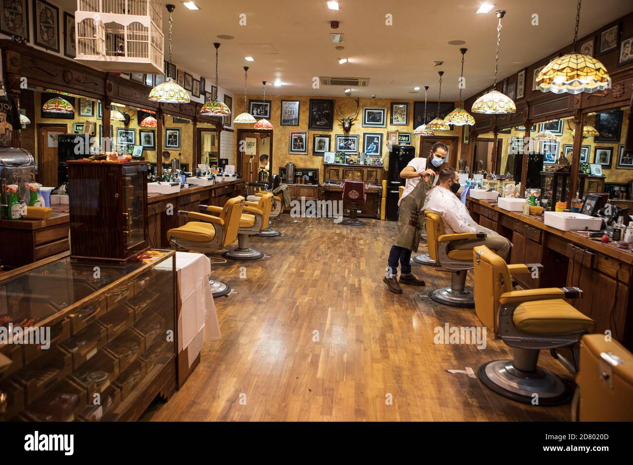 Sheffield town centre the. night it was due. to enter teir 3 restriction for covid 19.   Savills Barbers Shop. Stock Photo