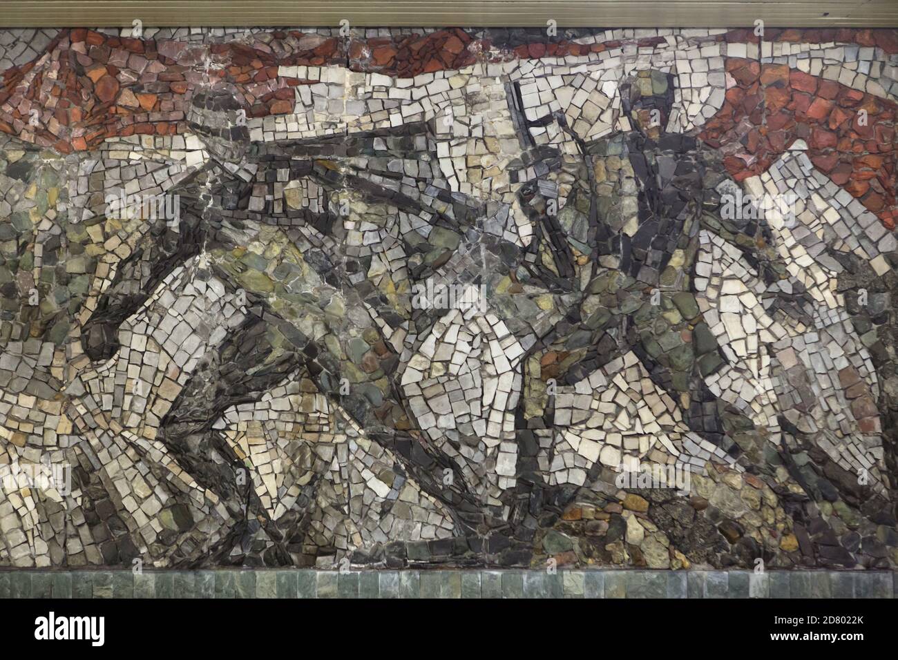 Battle of Sokolovo depicted in the stone mosaic by Czechoslovak artists Sauro Ballardini and Oldřich Oplt (1974) in the entrance hall of Florenc Station of the Prague Metro in Prague, Czech Republic. The Battle of Sokolovo (Bitva u Sokolova) in March 1943 was the first engagement of the Czechoslovak forces on the Eastern Front during World War II. Florenc Station was previously named Sokolovská Station after the battle. The station itself was designed by Czechoslovak architect Vladimír Uhlíř. Stock Photo