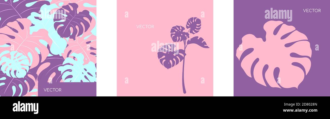 Jungle vegitation flat color vector backgrounds set Stock Vector