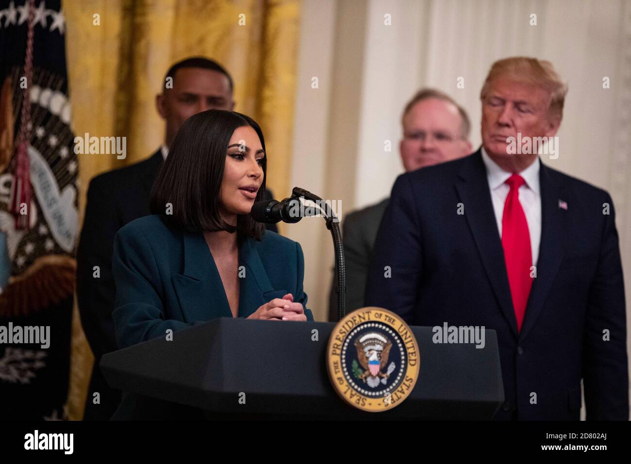 Kim Kardashian West speaks during an event about second chance hiring in the East Room of the White House in Washington, D.C. on June 13, 2019. U.S. President Donald Trump also spoke during the event which focused on providing reformed inmates opportunities to succeed after leaving prison. Credit: Alex Edelman/The Photo Access Stock Photo