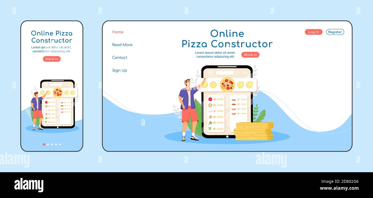 Pizza constructor adaptive landing page flat color vector template Stock Vector