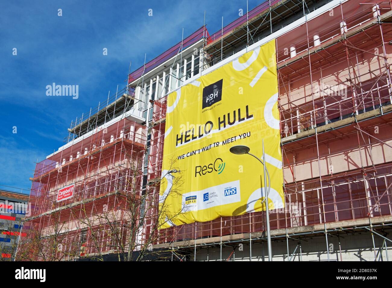 Banner - Hello Hull - on building restoration in Hull, East Yorkshire, England UK Stock Photo