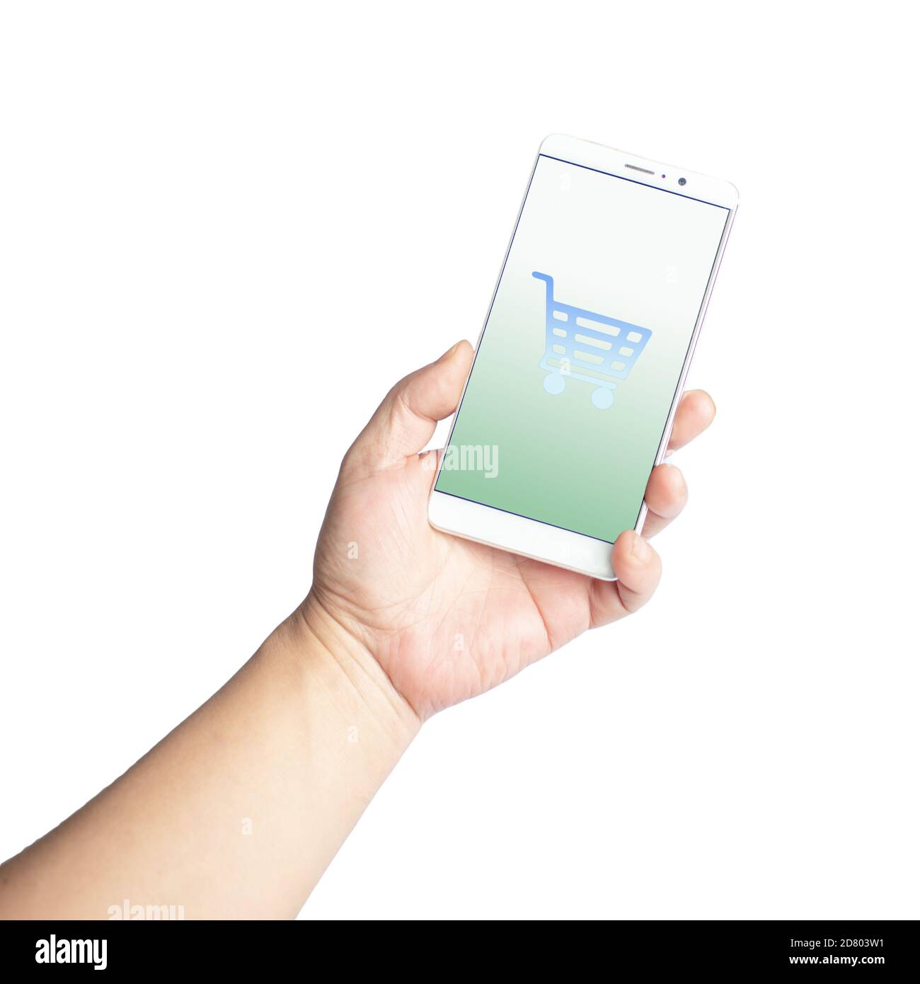 The mobile phone screen shows the shopping cart Stock Photo