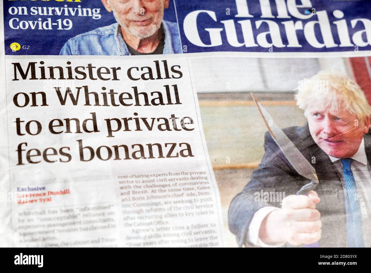 'Minister calls on Whitehall to end private fees bonanza'. Guardian newspaper front page headline 30 September 2020 in  London England UK Stock Photo