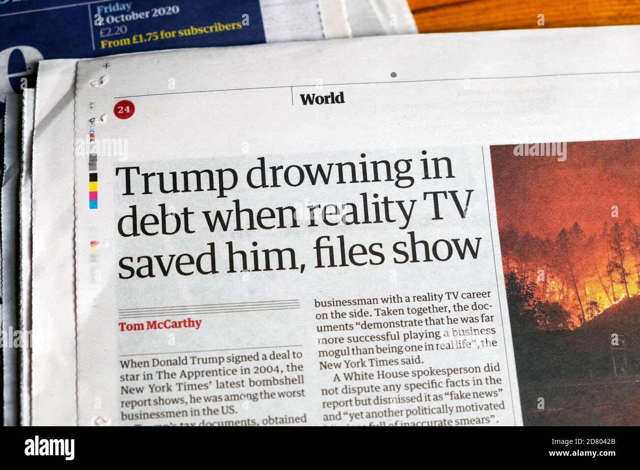 'Trump drowning in debt when reality TV saved him, files show'  Guardian British newspaper headline inside page September 2020 London England UK Stock Photo