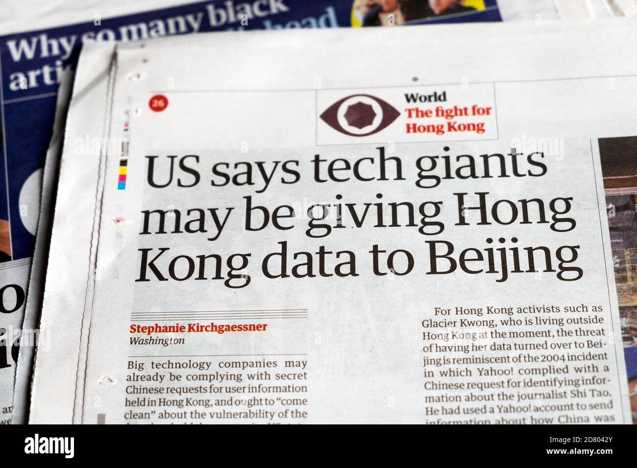 'US says tech giants may be giving Hong Kong data to Beijing' Guardian newspaper headline China article 30 September 2020 London England UK Stock Photo