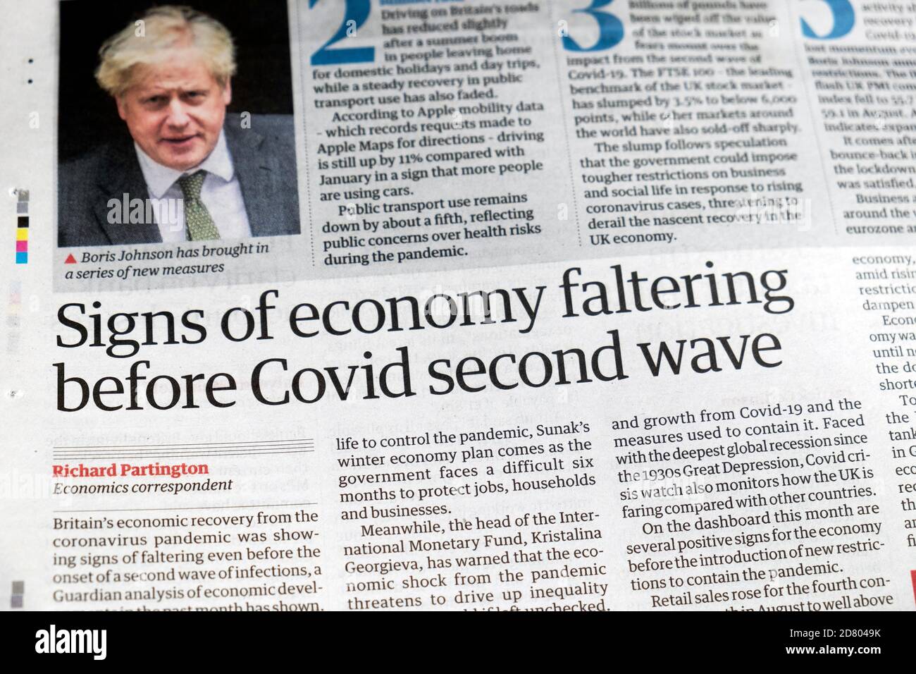 'Signs of economy faltering before Covid second wave' Financial newspaper headline article 30 September 2020 London England UK Stock Photo