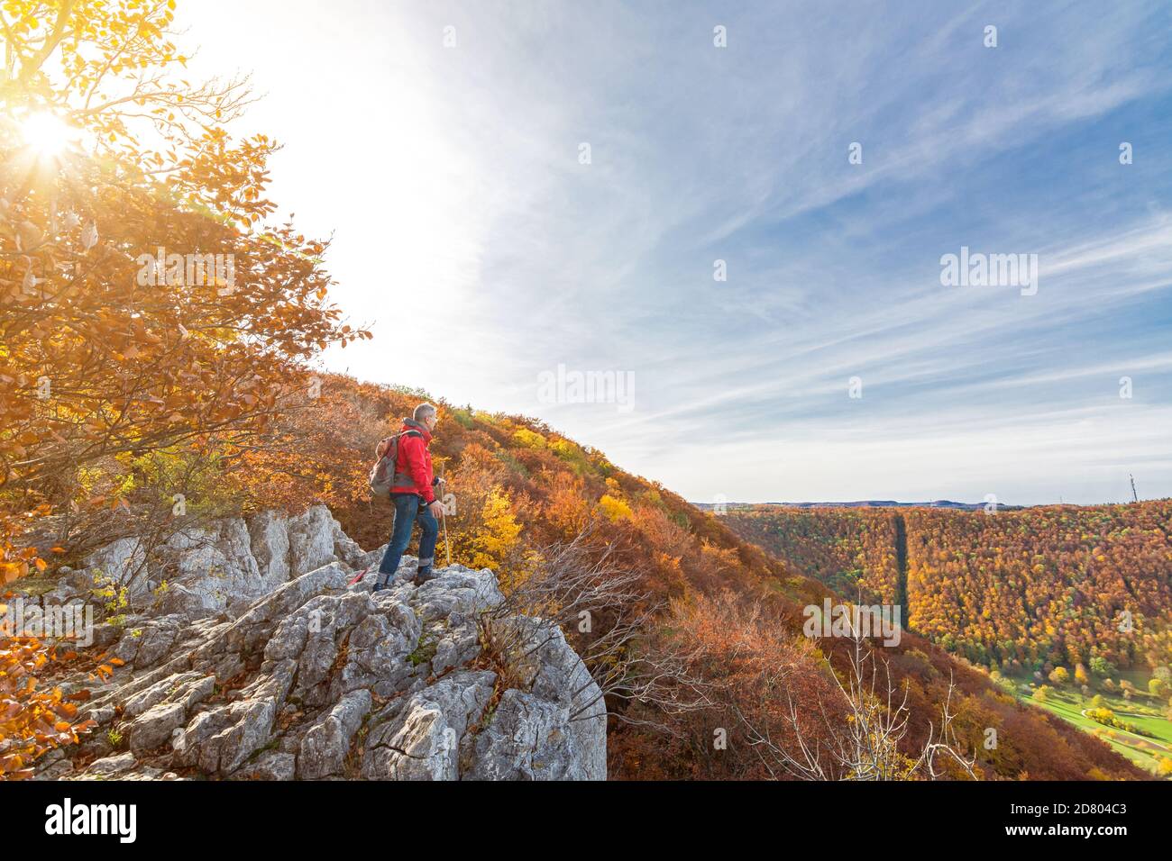 Senior male hiker standing on a cliff ledge and looking at a beautiful hilly autumn landscape in the Swabian Jura Stock Photo
