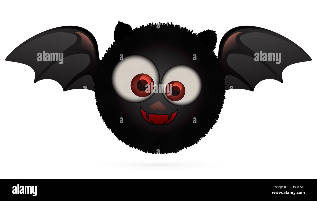 Dark vampire bat with rounded furry body, spread wings and tender smile