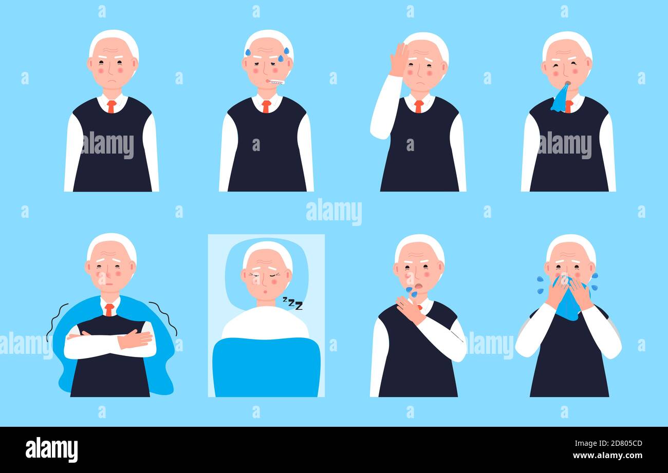 Sick old man coughing, sneezing. Set senior vector of cold, flu, sore