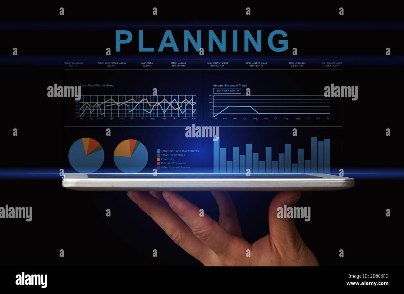 Hand Holding Digital Tablet With Economic Statistic Graph Chart And ...
