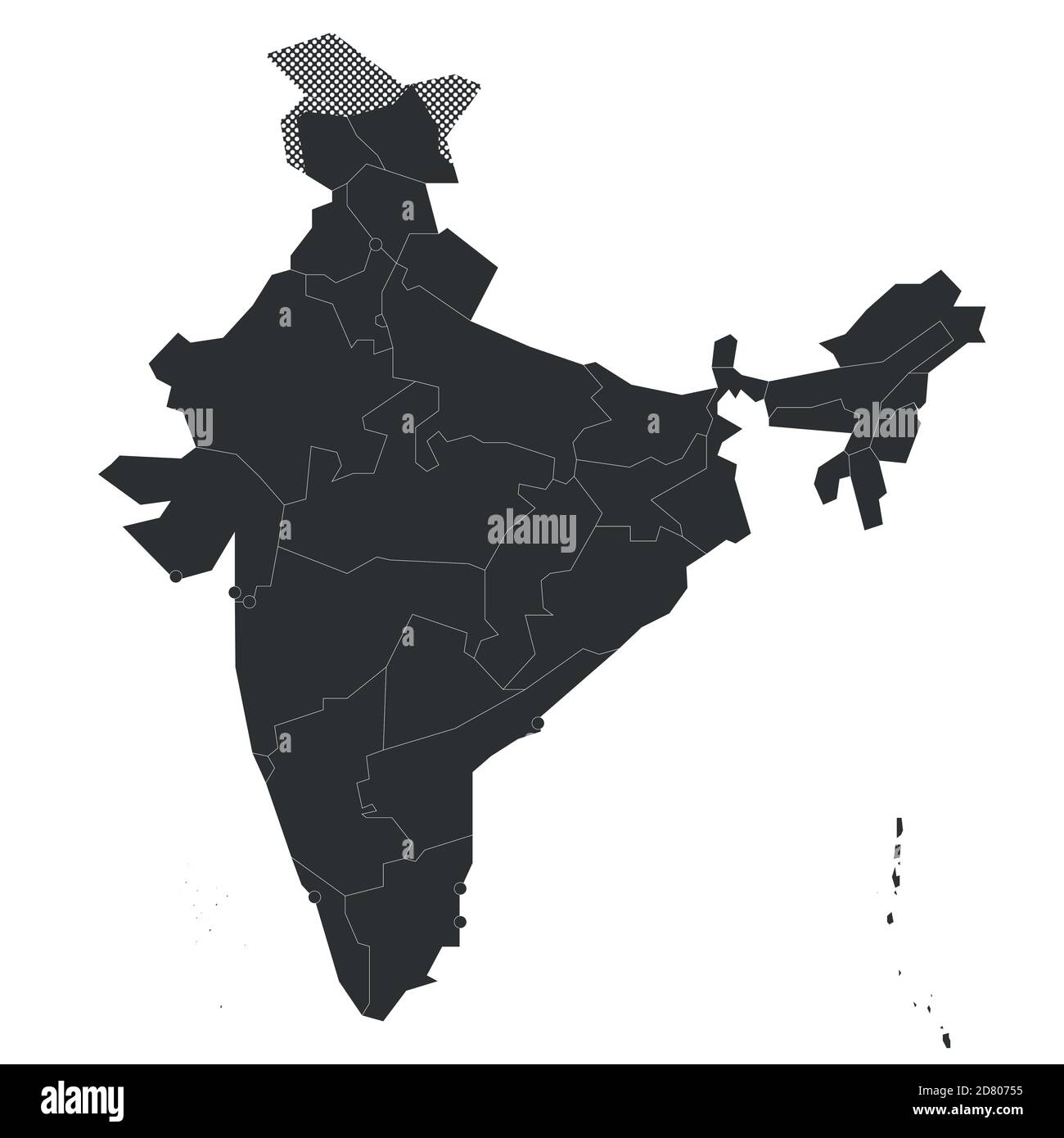Blank political map of India. Administrative divisions - states and union territories. Simple black vector map. Stock Vector