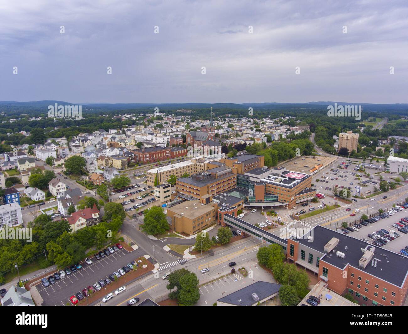 Manchester historic downtown and Elm Street with Merrimack River at the