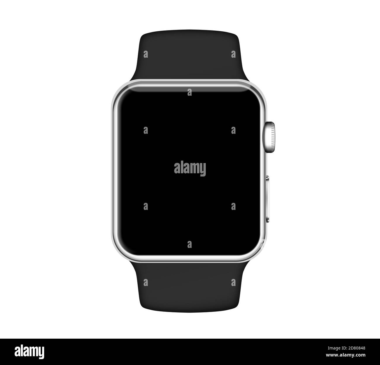 Isolated silver aluminum case black band black screen smart watch on